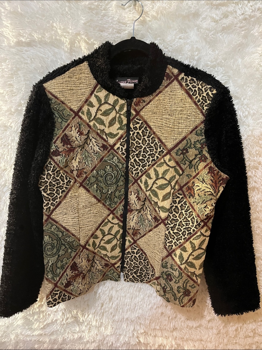 Textured Patchwork Zip-Front Jacket in Black and Multicolor Cactus flower